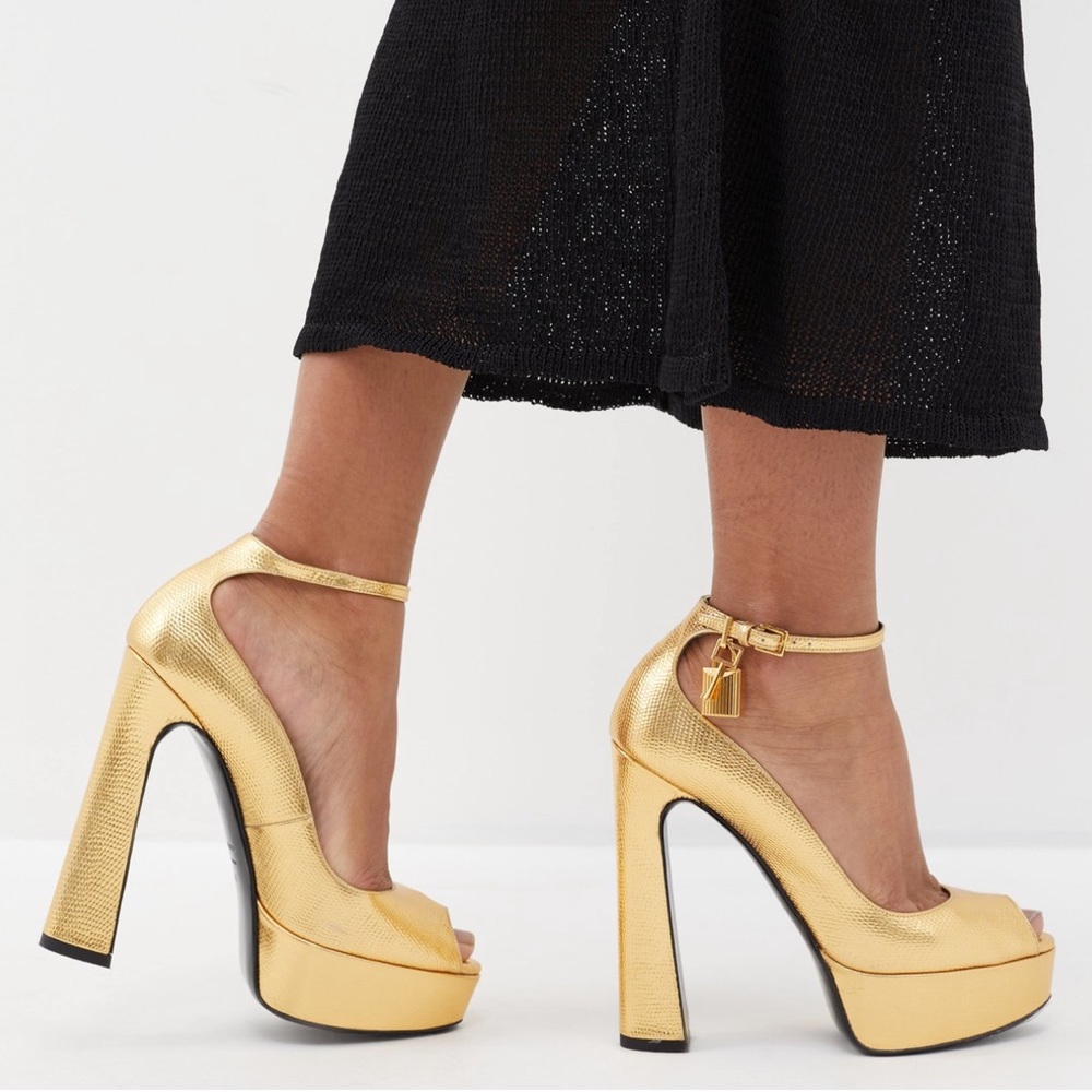 Tom Ford gold platform padlock 145 lizard-effect leather sandal heels